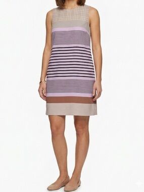 Fossil 100% Silk  Lavender Taupe and Brown Striped Sleeveless Shift Dress Size 2